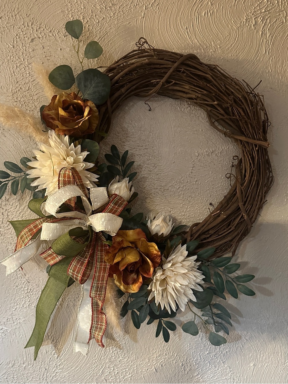 Autumn Grapevine Wreath with Rust Roses, Cream Mums & Eucalyptus 17–18” Fall